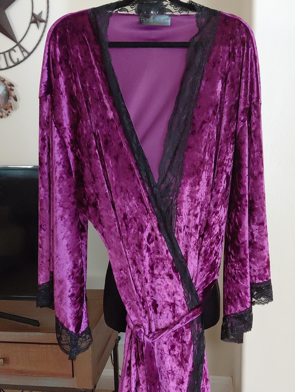 FOXBLOOD 3X/4X PURPLE CRUSHED VELVET LONG WRAP AROUND ROBE FLARED SLEEVES